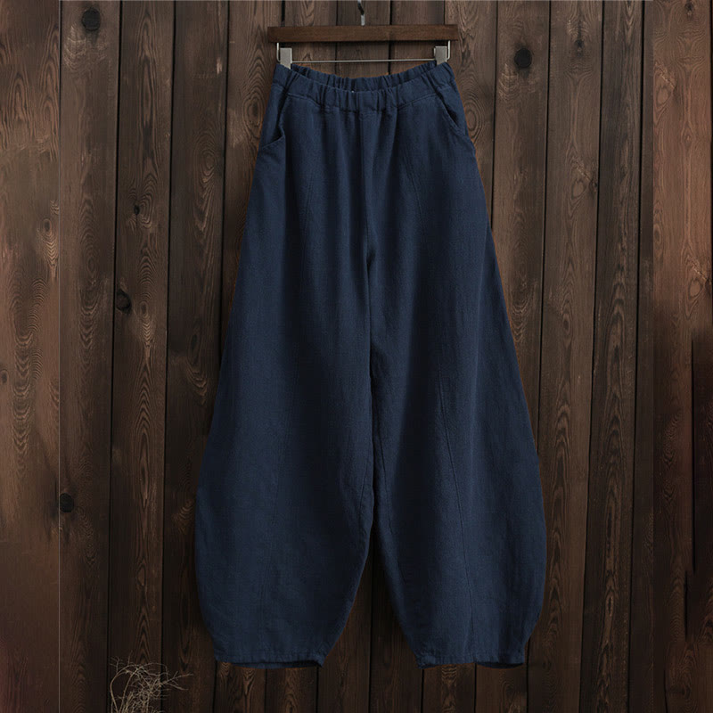 Buddha Stones Lässige, einfarbige, elastische Taille mit Fleece-Innenfutter aus Baumwoll-Ramie für Damen mit Taschen - image 35