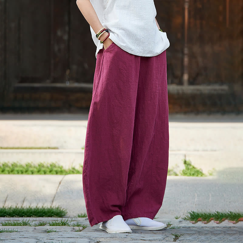 Buddha Stones Lässige, einfarbige, elastische Taille mit Fleece-Innenfutter aus Baumwoll-Ramie für Damen mit Taschen - image 15