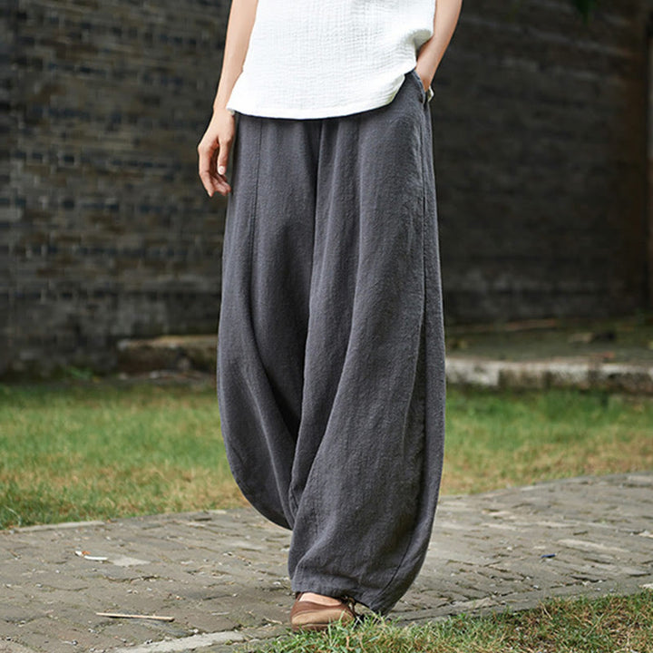 Buddha Stones Lässige, einfarbige, elastische Taille mit Fleece-Innenfutter aus Baumwoll-Ramie für Damen mit Taschen - image 42