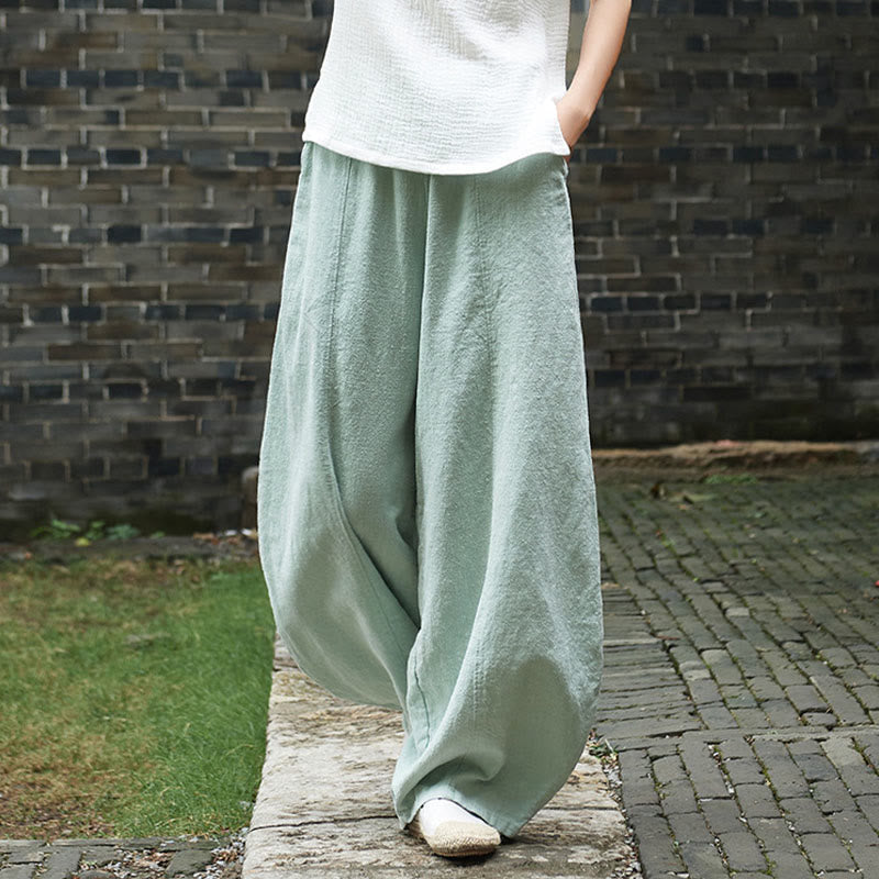 Buddha Stones Lässige, einfarbige, elastische Taille mit Fleece-Innenfutter aus Baumwoll-Ramie für Damen mit Taschen - image 37