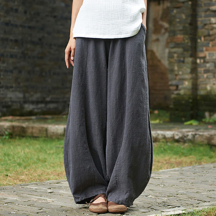 Buddha Stones Lässige, einfarbige, elastische Taille mit Fleece-Innenfutter aus Baumwoll-Ramie für Damen mit Taschen - image 41