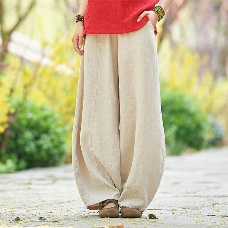 Buddha Stones Lässige, einfarbige, elastische Taille mit Fleece-Innenfutter aus Baumwoll-Ramie für Damen mit Taschen - Beige - US4, UK/AU8, EU36 (L) - image 0