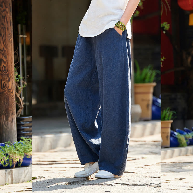 Buddha Stones Lässige, einfarbige, elastische Taille mit Fleece-Innenfutter aus Baumwoll-Ramie für Damen mit Taschen - image 32