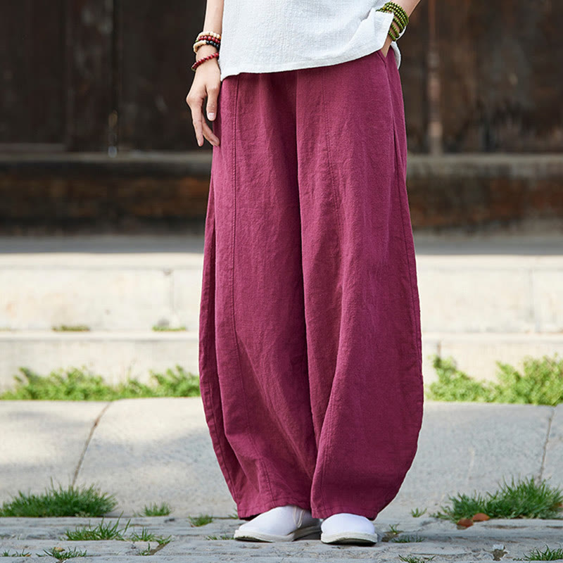 Buddha Stones Lässige, einfarbige, elastische Taille mit Fleece-Innenfutter aus Baumwoll-Ramie für Damen mit Taschen - image 14