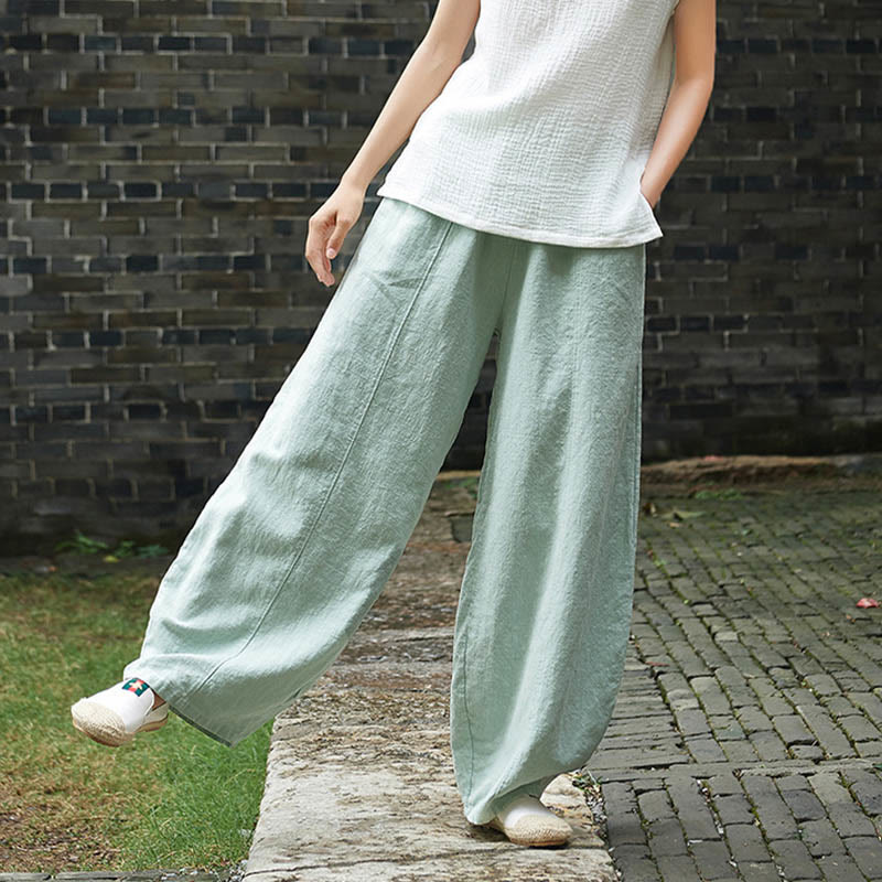 Buddha Stones Lässige, einfarbige, elastische Taille mit Fleece-Innenfutter aus Baumwoll-Ramie für Damen mit Taschen - image 38