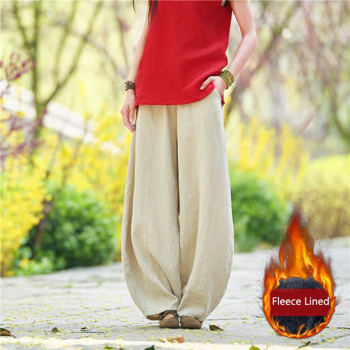 Buddha Stones Lässige, einfarbige, elastische Taille mit Fleece-Innenfutter aus Baumwoll-Ramie für Damen mit Taschen - Beige (mit Fleece gefüttert) - US4， UK/AU8，EU36 (L) - image 47