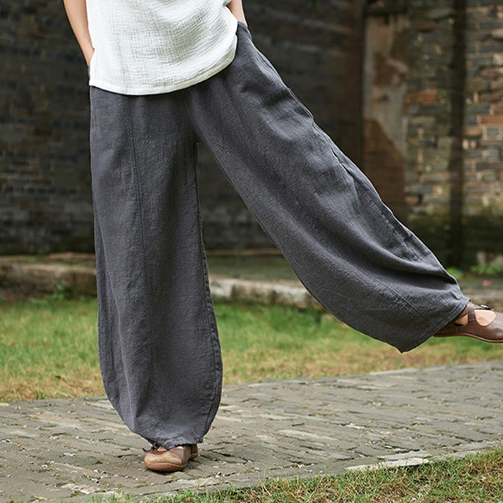 Buddha Stones Lässige, einfarbige, elastische Taille mit Fleece-Innenfutter aus Baumwoll-Ramie für Damen mit Taschen - image 43