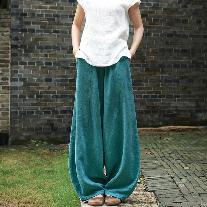 Buddha Stones Lässige, einfarbige, elastische Taille mit Fleece-Innenfutter aus Baumwoll-Ramie für Damen mit Taschen - image 44