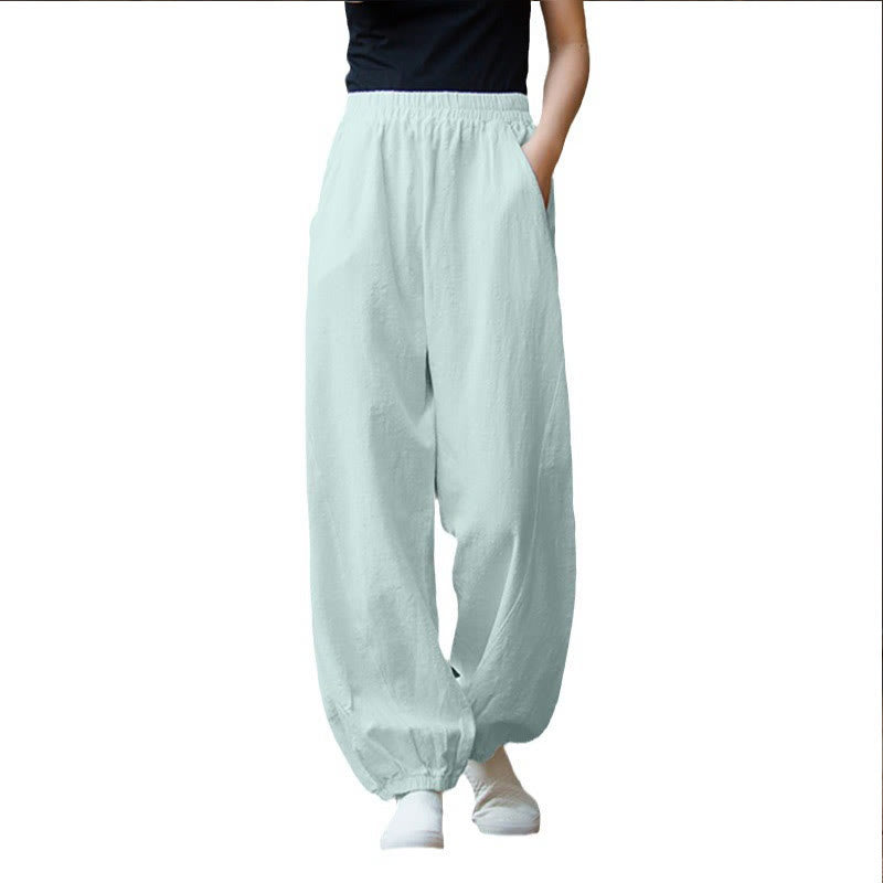 Buddha Stones Lässige, einfarbige Karottenhose aus Baumwoll-Ramie mit elastischem Bund und Taschen - image 38