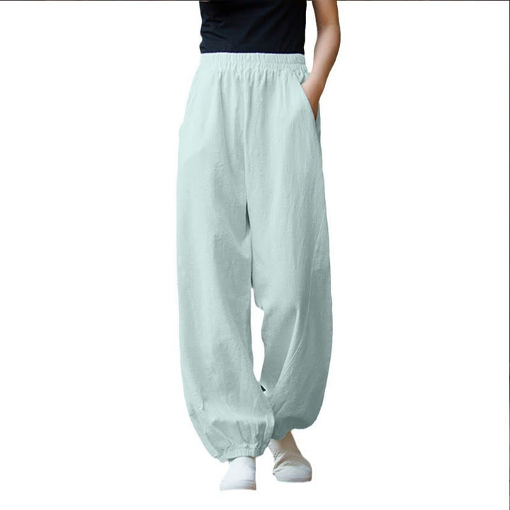 Buddha Stones Lässige, einfarbige Karottenhose aus Baumwoll-Ramie mit elastischem Bund und Taschen - image 38