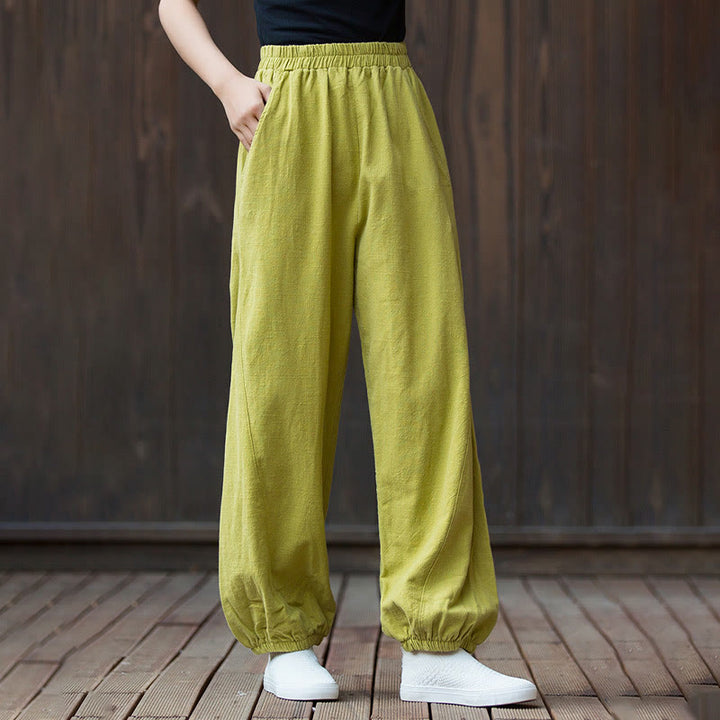 Buddha Stones Lässige, einfarbige Karottenhose aus Baumwoll-Ramie mit elastischem Bund und Taschen - image 26