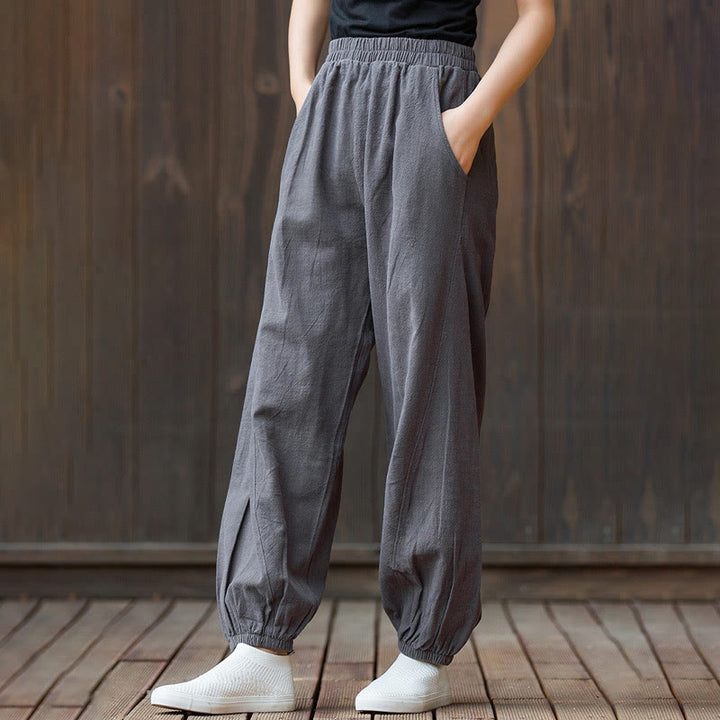 Buddha Stones Lässige, einfarbige Karottenhose aus Baumwoll-Ramie mit elastischem Bund und Taschen - image 31