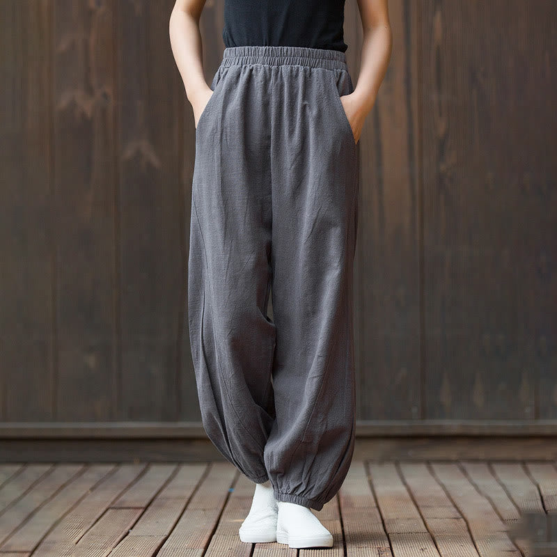 Buddha Stones Lässige, einfarbige Karottenhose aus Baumwoll-Ramie mit elastischem Bund und Taschen - image 32