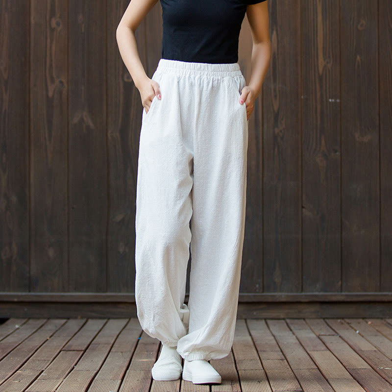 Buddha Stones Lässige, einfarbige Karottenhose aus Baumwoll-Ramie mit elastischem Bund und Taschen - image 8