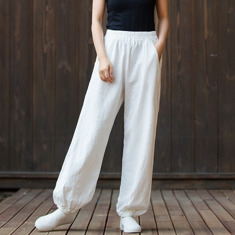 Buddha Stones Lässige, einfarbige Karottenhose aus Baumwoll-Ramie mit elastischem Bund und Taschen - image 10