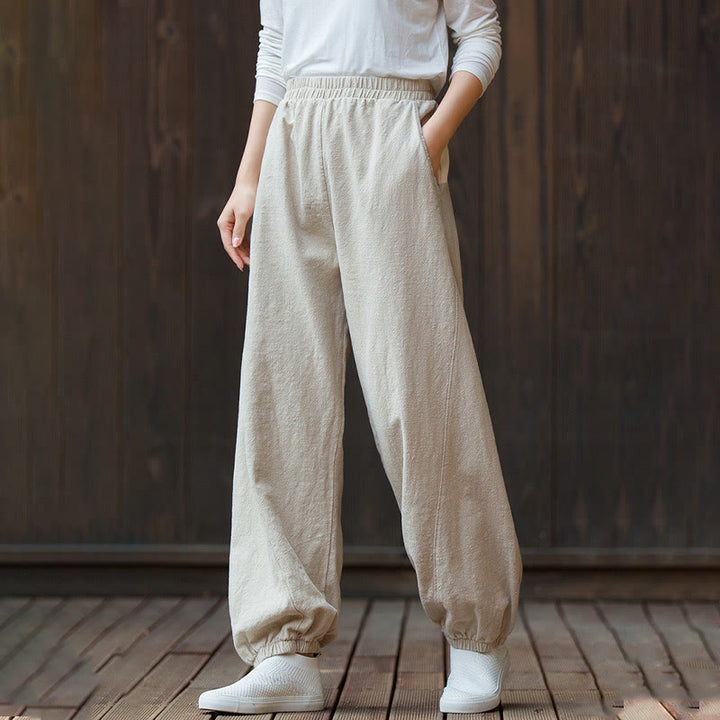 Buddha Stones Lässige, einfarbige Karottenhose aus Baumwoll-Ramie mit elastischem Bund und Taschen - image 19