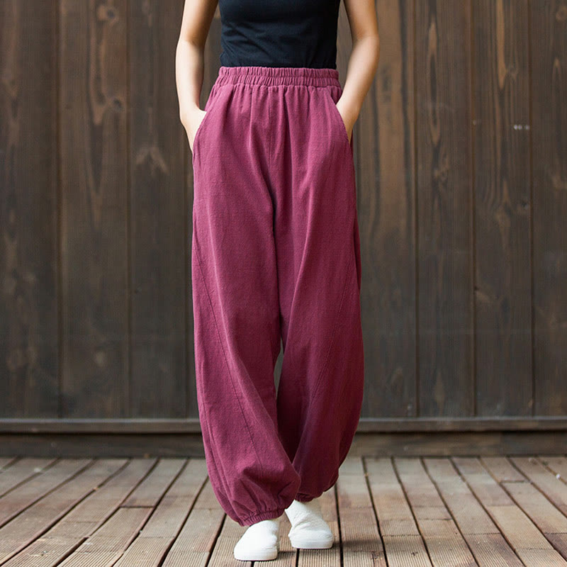 Buddha Stones Lässige, einfarbige Karottenhose aus Baumwoll-Ramie mit elastischem Bund und Taschen - image 2