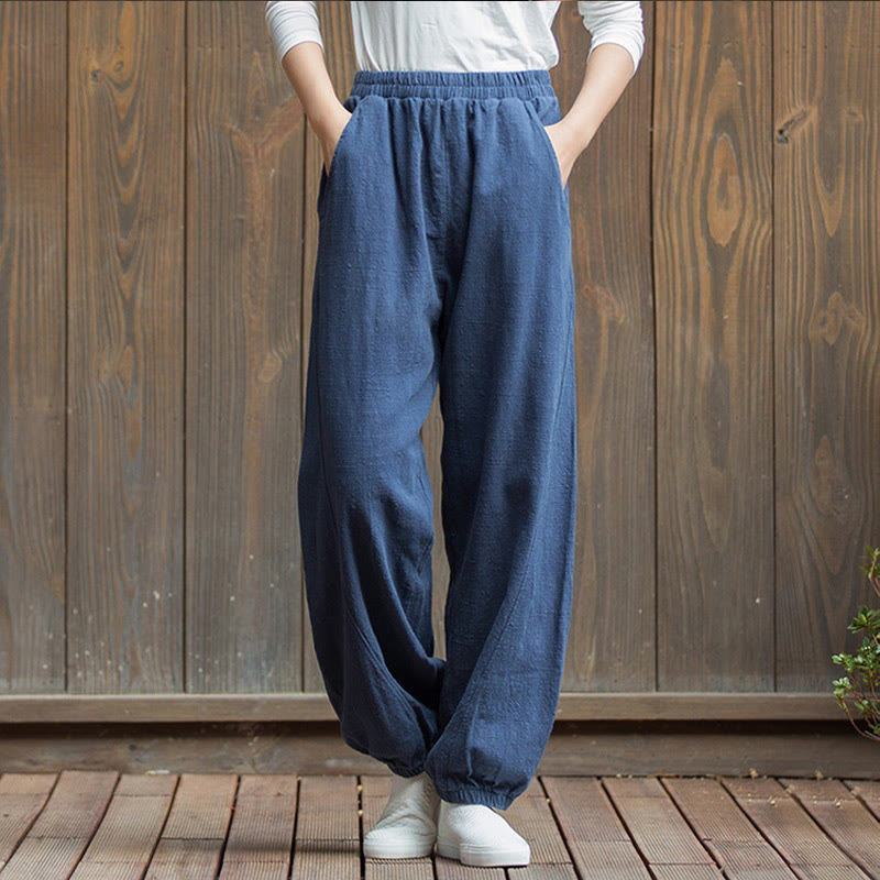 Buddha Stones Lässige, einfarbige Karottenhose aus Baumwoll-Ramie mit elastischem Bund und Taschen - Dunkelblau - US4, UK/AU8, EU36 (L) - image 38