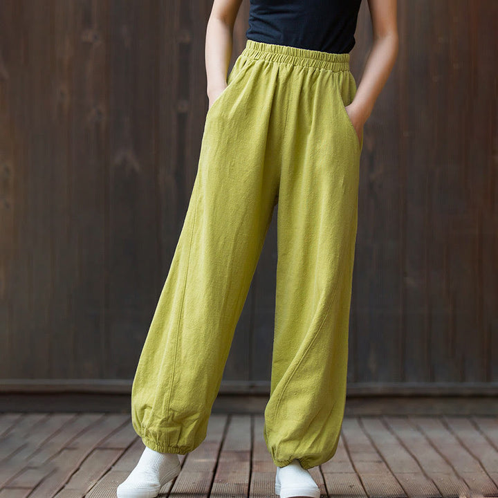 Buddha Stones Lässige, einfarbige Karottenhose aus Baumwoll-Ramie mit elastischem Bund und Taschen - image 27