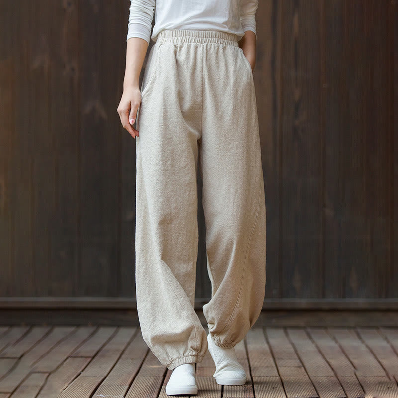 Buddha Stones Lässige, einfarbige Karottenhose aus Baumwoll-Ramie mit elastischem Bund und Taschen - Beige - US4， UK/AU8，EU36 (L) - image 19