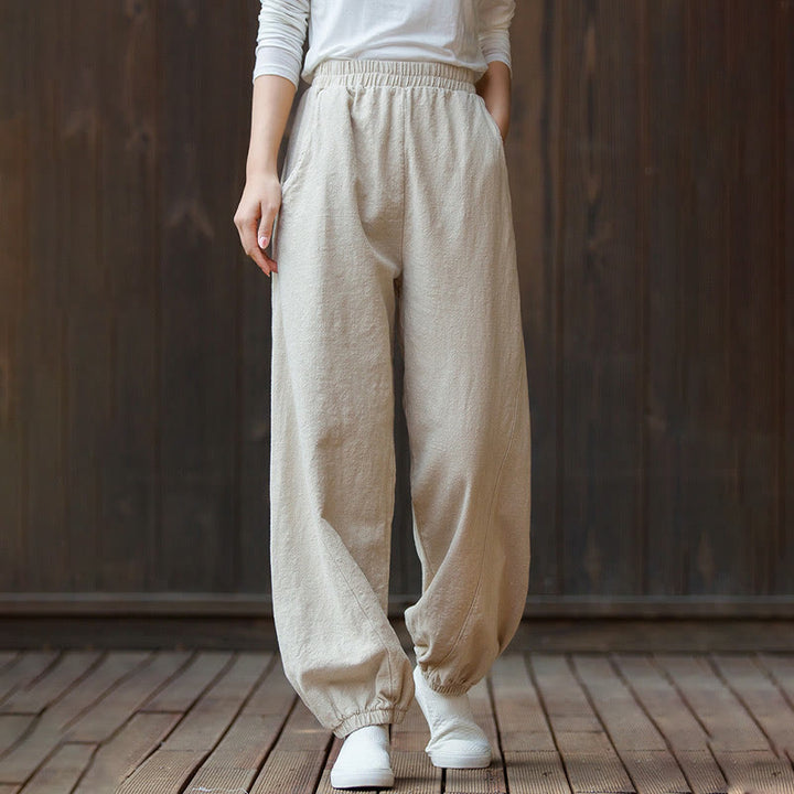 Buddha Stones Lässige, einfarbige Karottenhose aus Baumwoll-Ramie mit elastischem Bund und Taschen - Beige - US4， UK/AU8，EU36 (L) - image 19
