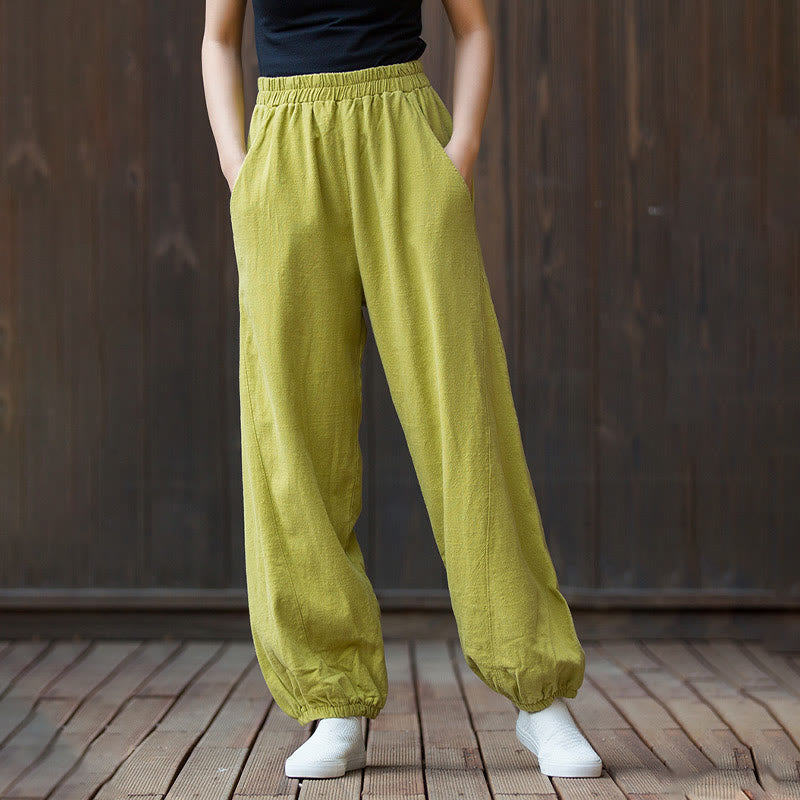 Buddha Stones Lässige, einfarbige Karottenhose aus Baumwoll-Ramie mit elastischem Bund und Taschen - image 28