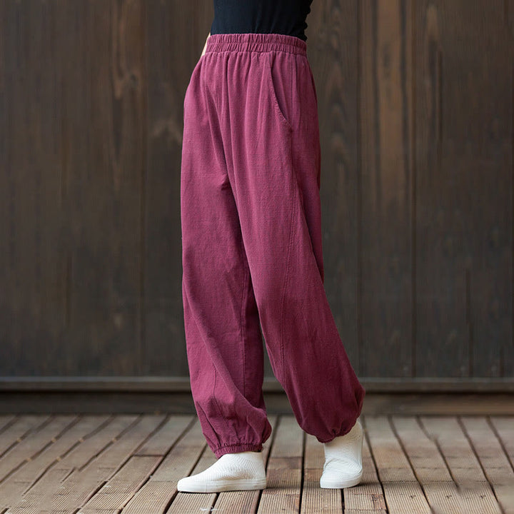 Buddha Stones Lässige, einfarbige Karottenhose aus Baumwoll-Ramie mit elastischem Bund und Taschen - image 6
