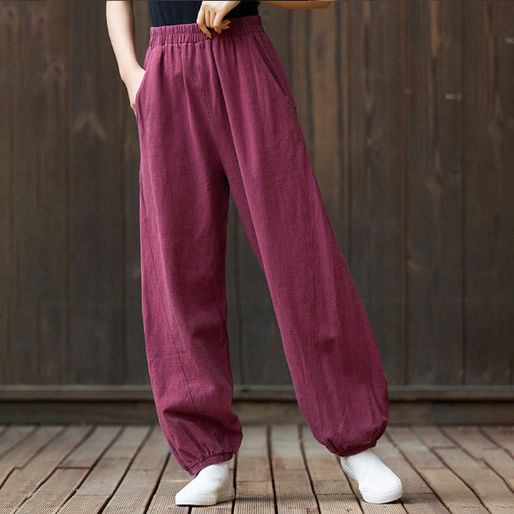 Buddha Stones Lässige, einfarbige Karottenhose aus Baumwoll-Ramie mit elastischem Bund und Taschen - image 5