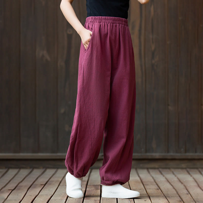 Buddha Stones Lässige, einfarbige Karottenhose aus Baumwoll-Ramie mit elastischem Bund und Taschen - image 3