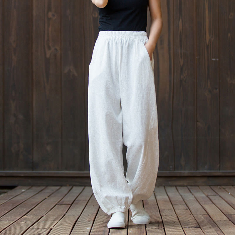 Buddha Stones Lässige, einfarbige Karottenhose aus Baumwoll-Ramie mit elastischem Bund und Taschen - image 9