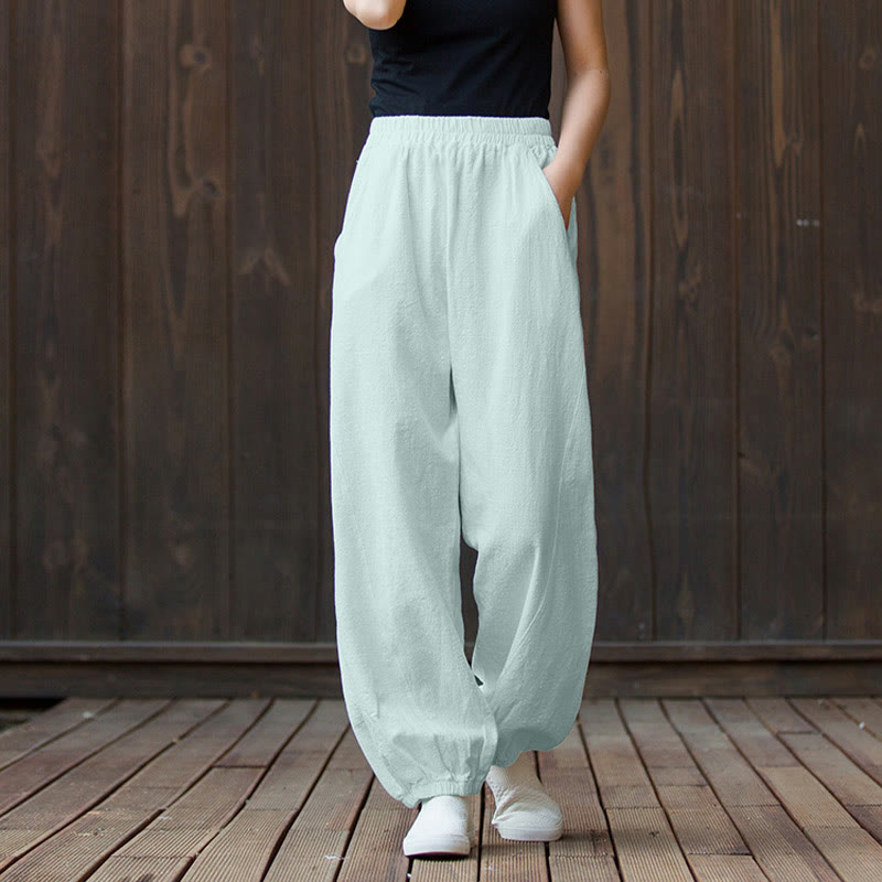 Buddha Stones Lässige, einfarbige Karottenhose aus Baumwoll-Ramie mit elastischem Bund und Taschen - Aquamarin - US4, UK/AU8, EU36 (L) - image 34