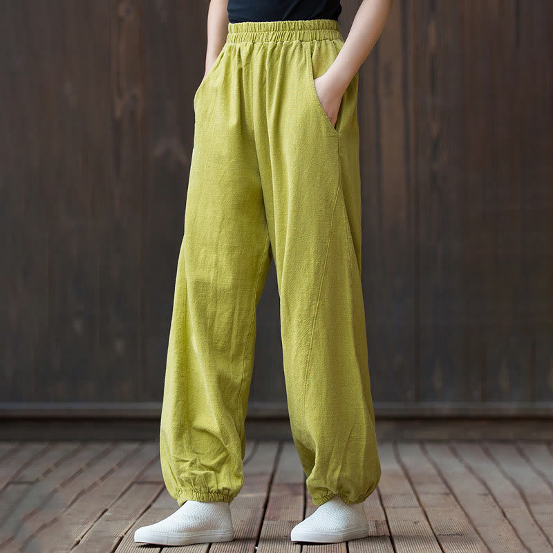 Buddha Stones Lässige, einfarbige Karottenhose aus Baumwoll-Ramie mit elastischem Bund und Taschen - image 29