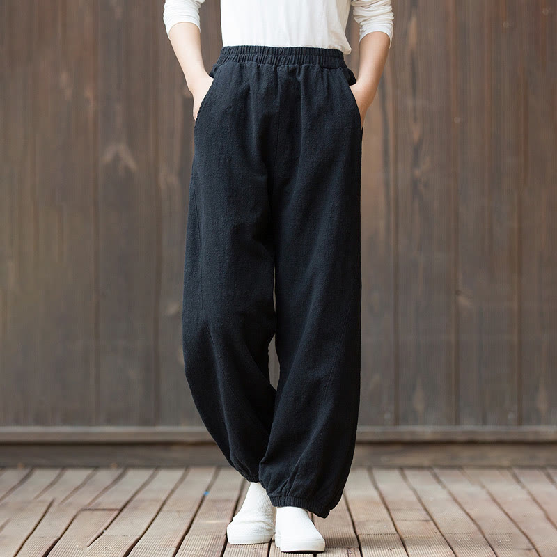 Buddha Stones Lässige, einfarbige Karottenhose aus Baumwoll-Ramie mit elastischem Bund und Taschen - image 14