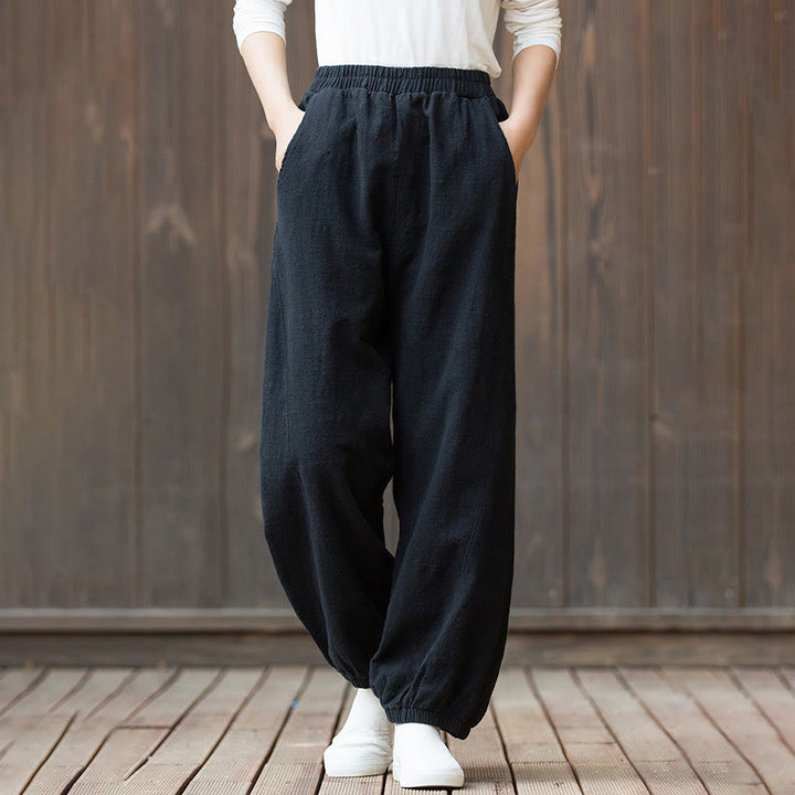 Buddha Stones Lässige, einfarbige Karottenhose aus Baumwoll-Ramie mit elastischem Bund und Taschen - image 14