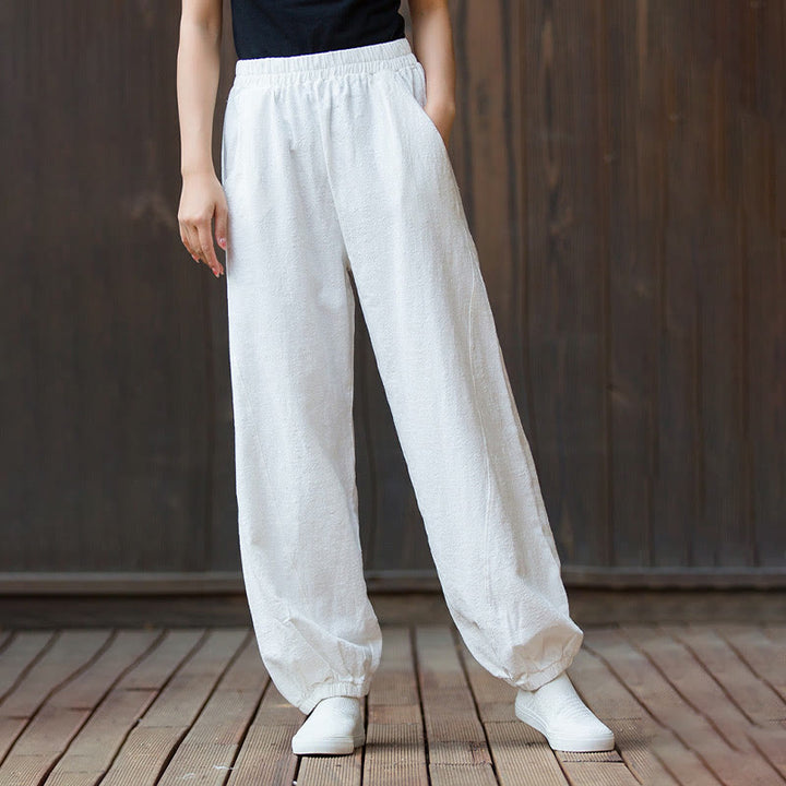 Buddha Stones Lässige, einfarbige Karottenhose aus Baumwoll-Ramie mit elastischem Bund und Taschen - image 12