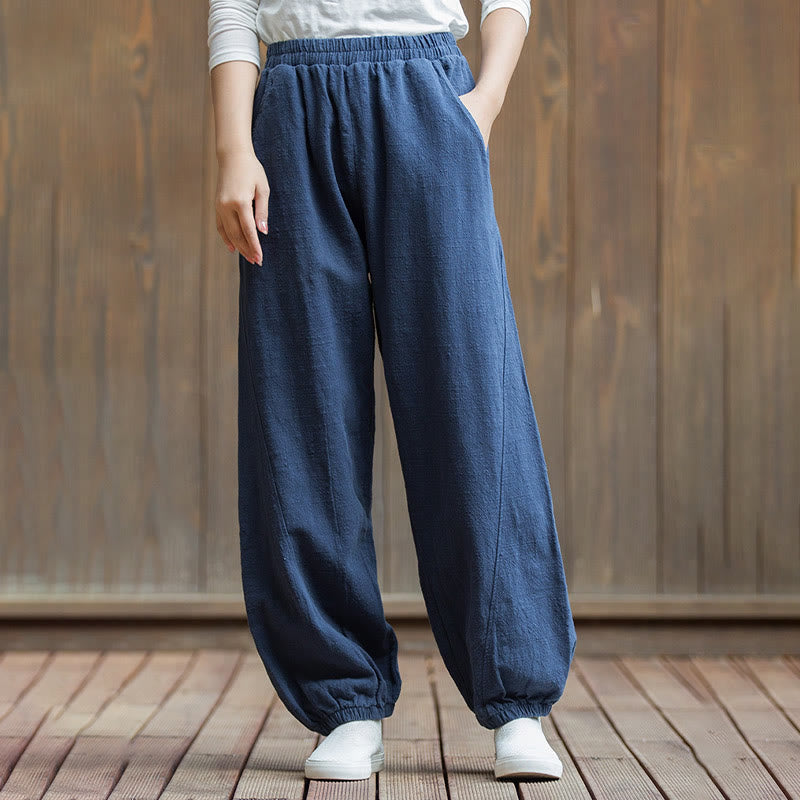 Buddha Stones Lässige, einfarbige Karottenhose aus Baumwoll-Ramie mit elastischem Bund und Taschen - image 39