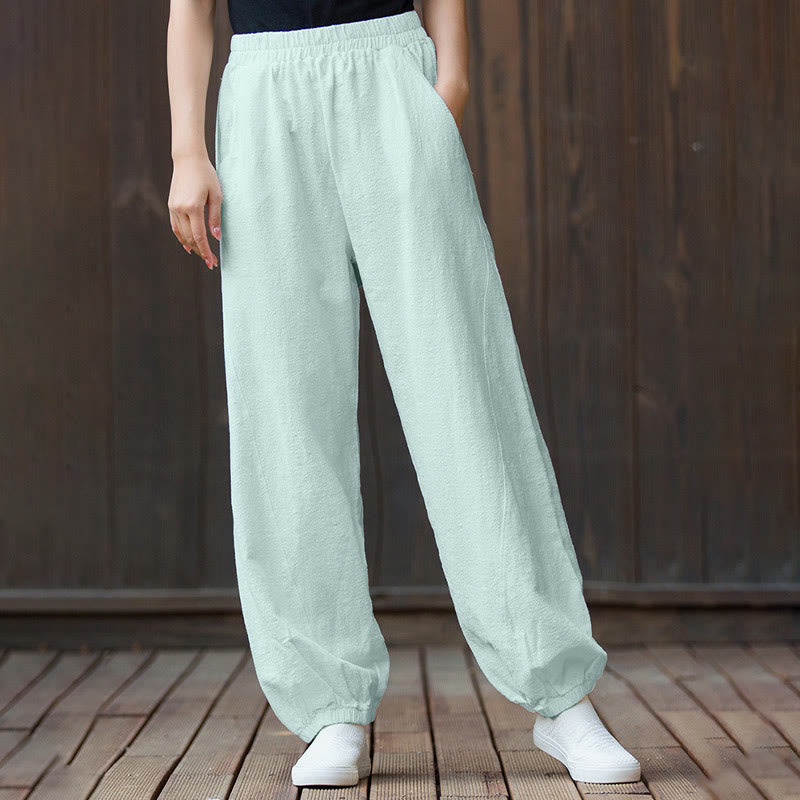 Buddha Stones Lässige, einfarbige Karottenhose aus Baumwoll-Ramie mit elastischem Bund und Taschen - image 37