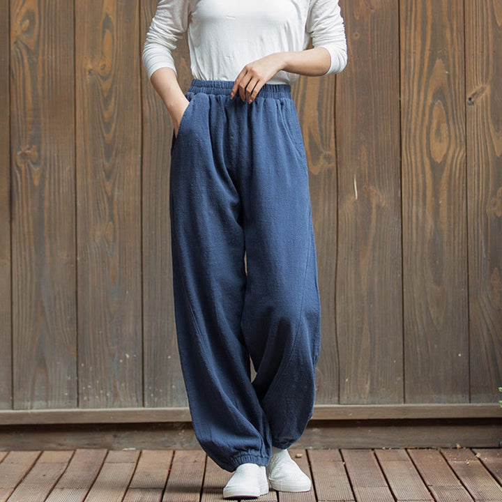 Buddha Stones Lässige, einfarbige Karottenhose aus Baumwoll-Ramie mit elastischem Bund und Taschen - image 41