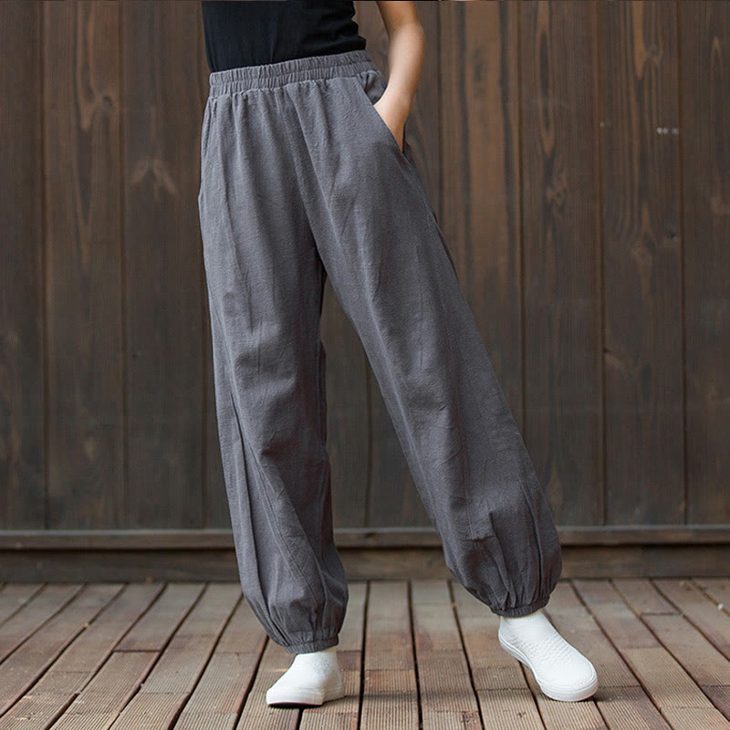 Buddha Stones Lässige, einfarbige Karottenhose aus Baumwoll-Ramie mit elastischem Bund und Taschen - image 34