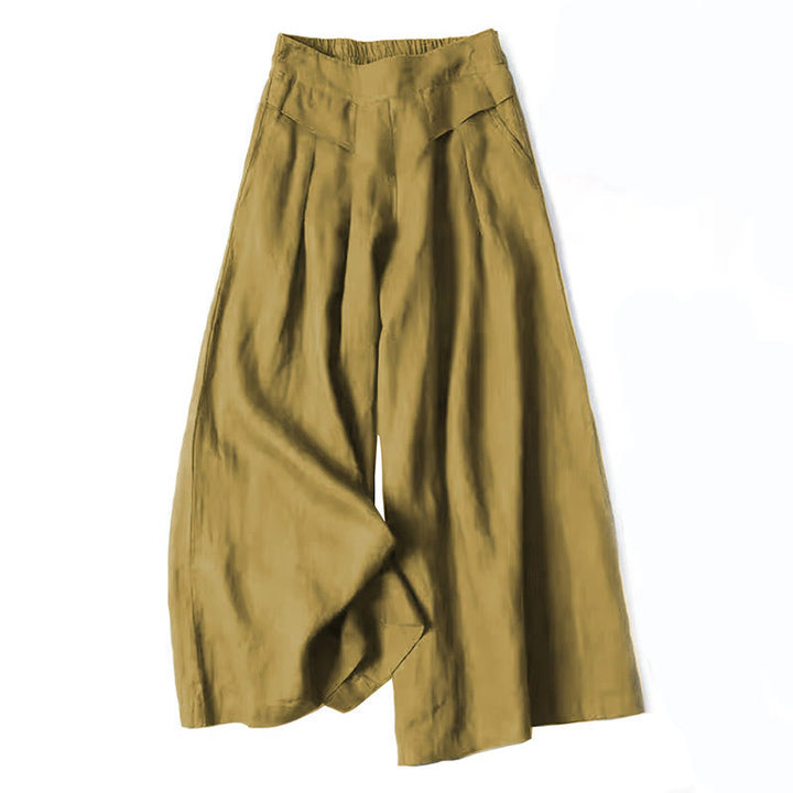 Buddha Stones – Unifarbene Hose aus Baumwollleinen mit hoher Taille und weitem Bein und Taschen