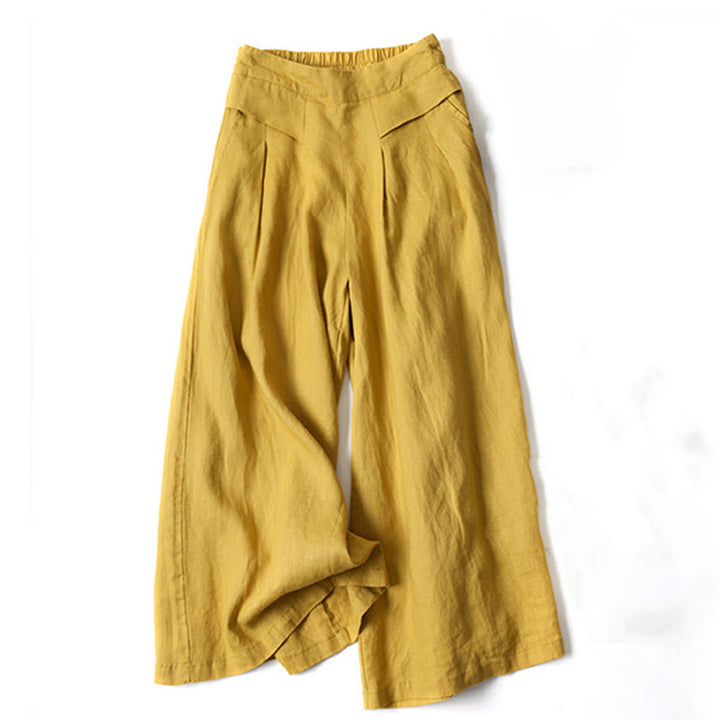 Buddha Stones – Unifarbene Hose aus Baumwollleinen mit hoher Taille und weitem Bein und Taschen