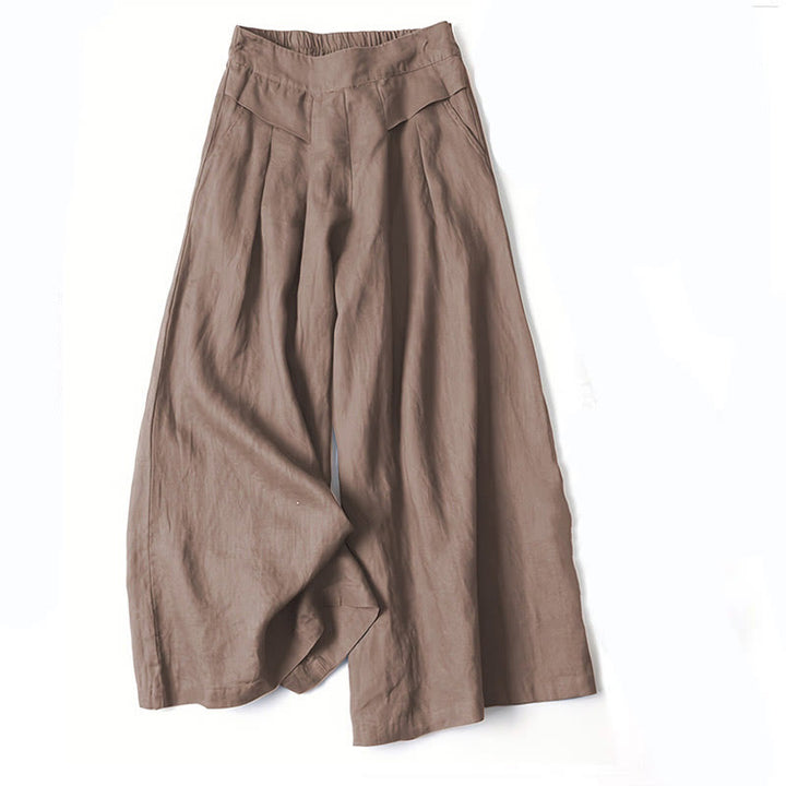 Buddha Stones – Unifarbene Hose aus Baumwollleinen mit hoher Taille und weitem Bein und Taschen