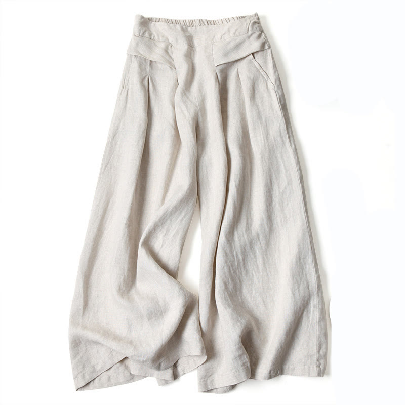 Buddha Stones – Unifarbene Hose aus Baumwollleinen mit hoher Taille und weitem Bein und Taschen