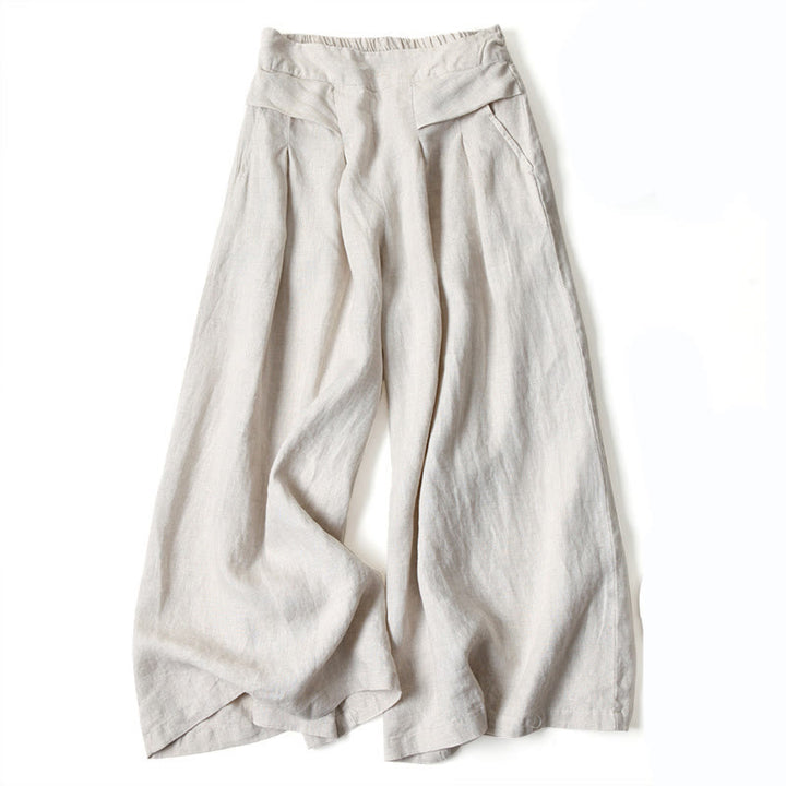 Buddha Stones – Unifarbene Hose aus Baumwollleinen mit hoher Taille und weitem Bein und Taschen