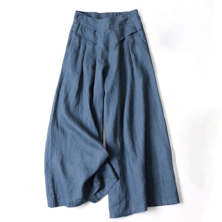 Buddha Stones – Unifarbene Hose aus Baumwollleinen mit hoher Taille und weitem Bein und Taschen