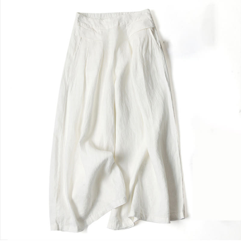 Buddha Stones – Unifarbene Hose aus Baumwollleinen mit hoher Taille und weitem Bein und Taschen