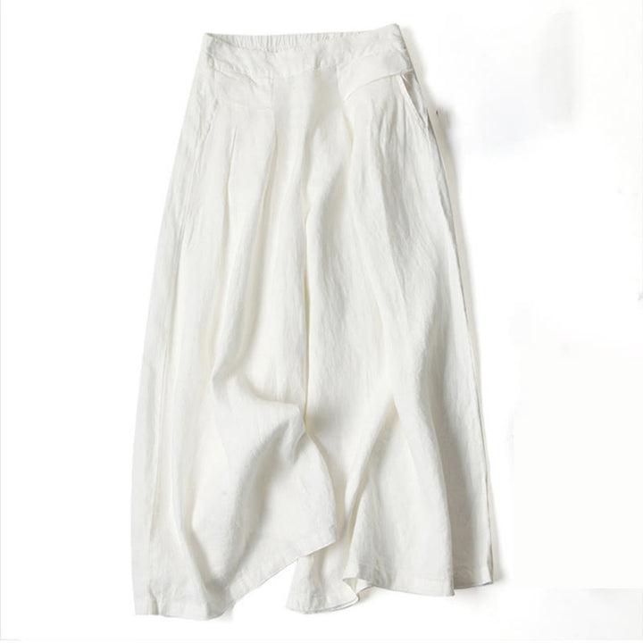 Buddha Stones – Unifarbene Hose aus Baumwollleinen mit hoher Taille und weitem Bein und Taschen