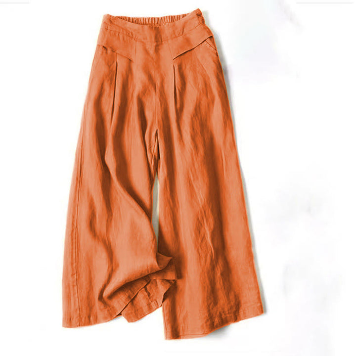 Buddha Stones – Unifarbene Hose aus Baumwollleinen mit hoher Taille und weitem Bein und Taschen