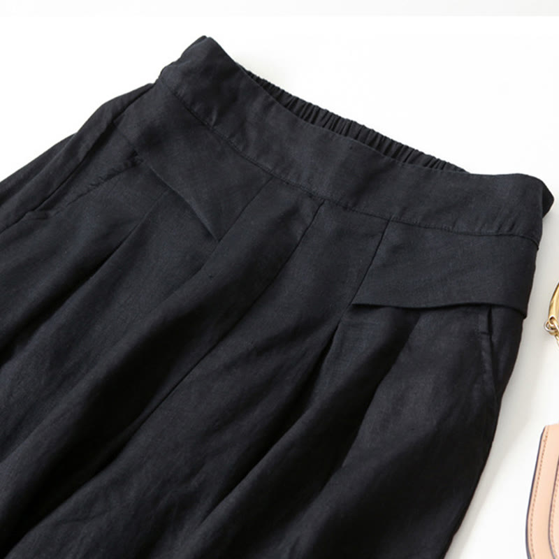 Buddha Stones – Unifarbene Hose aus Baumwollleinen mit hoher Taille und weitem Bein und Taschen