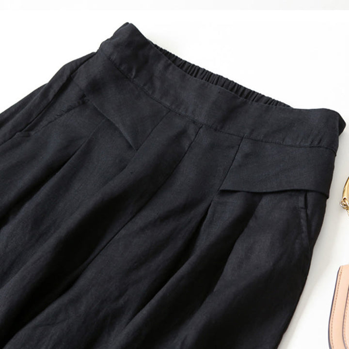 Buddha Stones – Unifarbene Hose aus Baumwollleinen mit hoher Taille und weitem Bein und Taschen